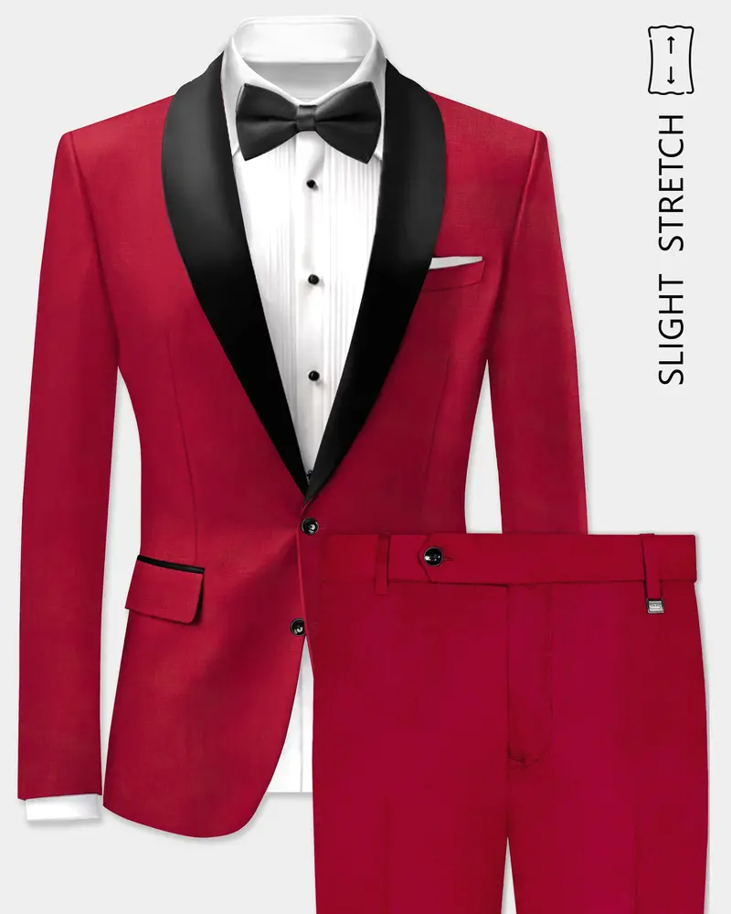 Vermilion-Chili Red Solid Wool Rich Tuxedo Slight Stretch Suit 1