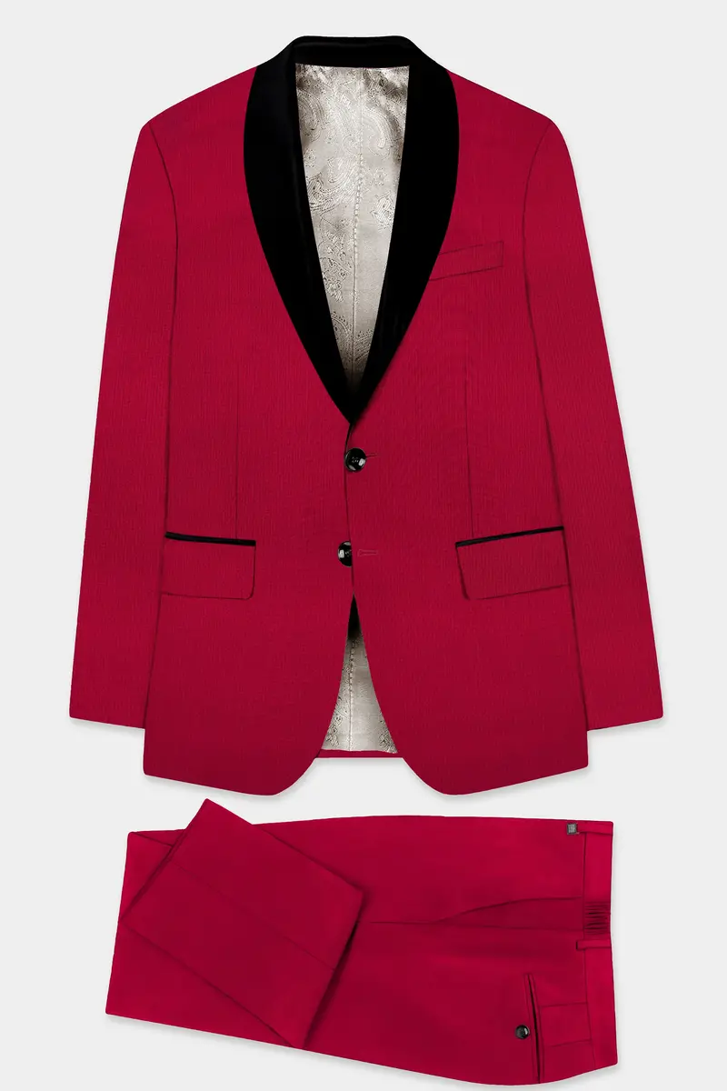 Vermilion-Chili Red Solid Wool Rich Tuxedo Slight Stretch Suit 11