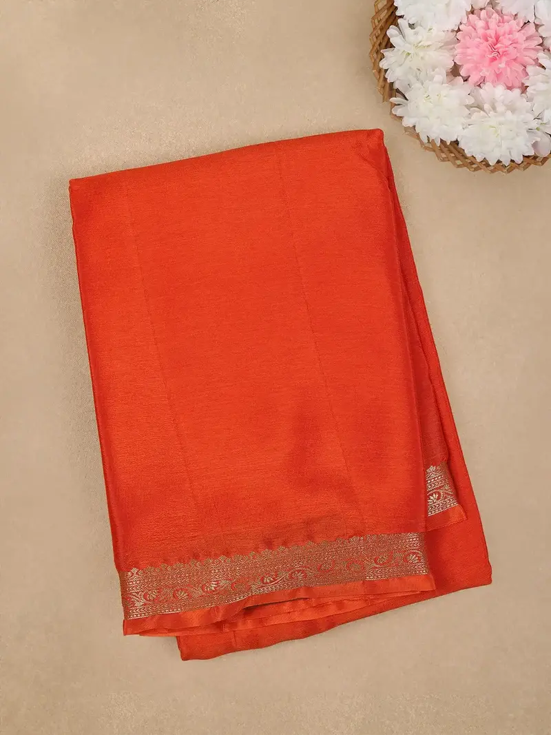 Vermilion Orange Antique Zari Border Mysore Silk Saree 1