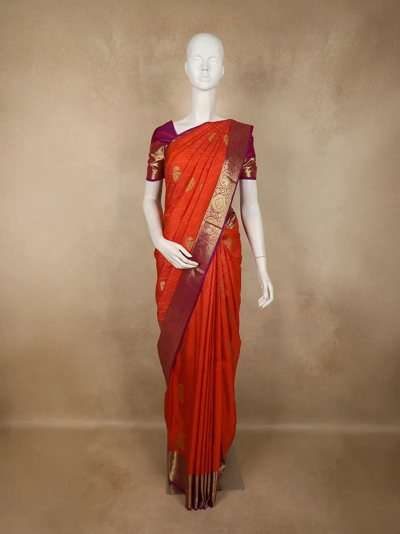 Vermilion Orange Geometric Zari Woven Design Pure Kanchipuram Silk Saree With Contrast Zari Border 1