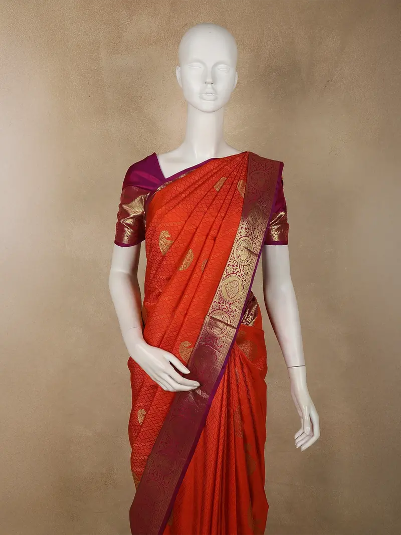 Vermilion Orange Geometric Zari Woven Design Pure Kanchipuram Silk Saree With Contrast Zari Border 2