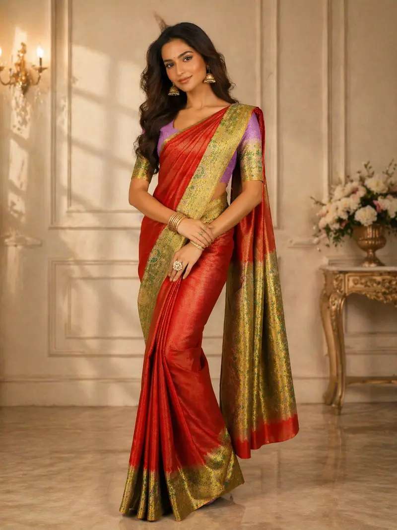 Vermilion Red Abstract Zari Woven Design Pure Kanchipuram Silk Bridal Saree With Contrast Gold Border 1