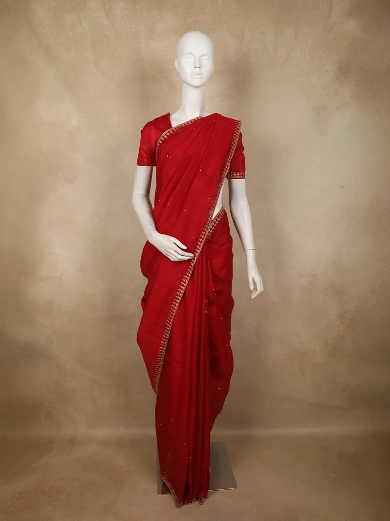 Vermilion Red Butta Embroidered Design Tussar Saree With Floral Border 1