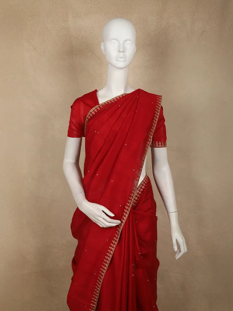Vermilion Red Butta Embroidered Design Tussar Saree With Floral Border 2