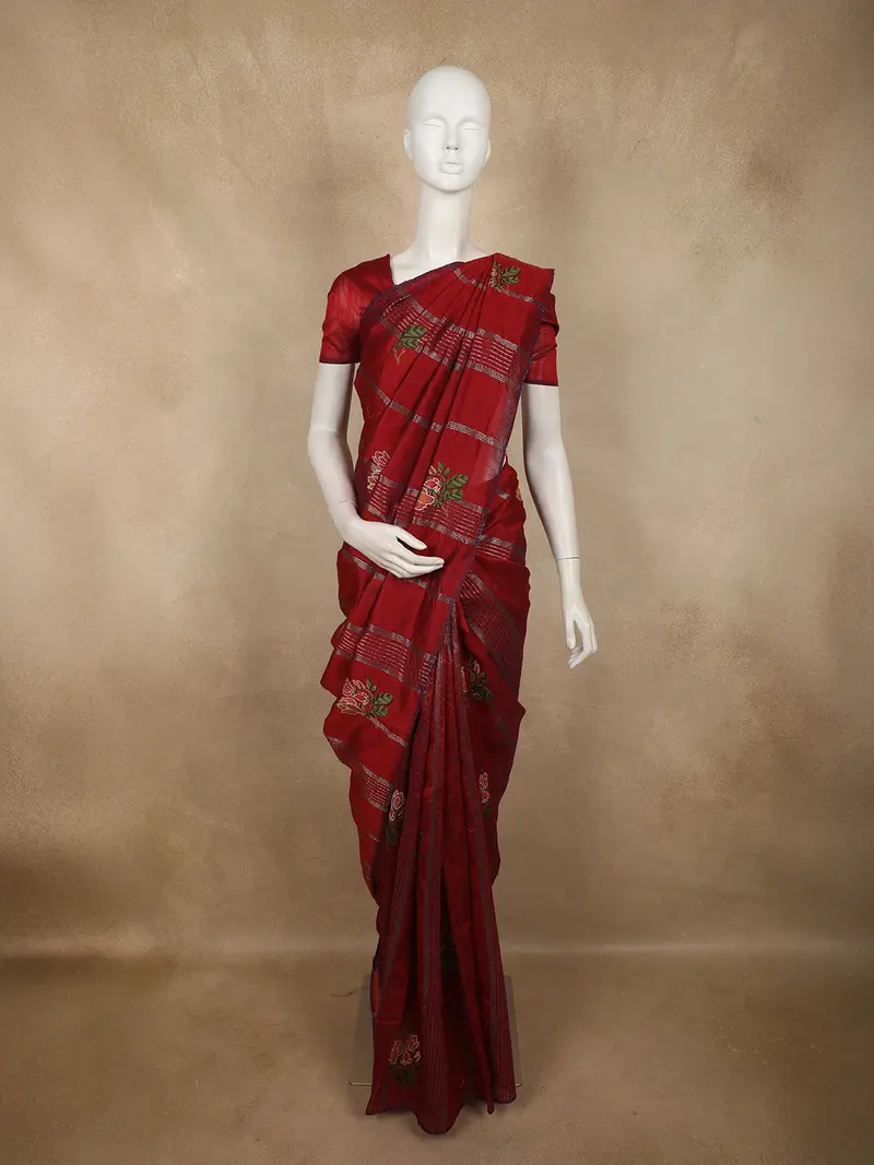 Vermilion Red Floral And Striped Zari Woven Design Tussar Saree 1