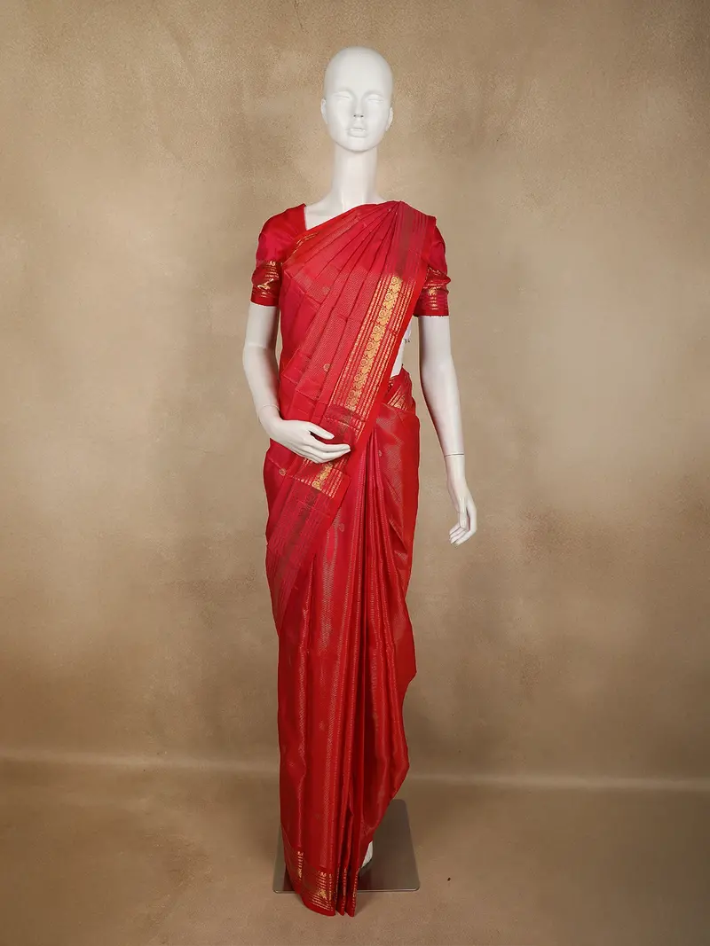 Vermilion Red Floral Butta Woven Design Pure Kanchipuram Silk Saree With Peacock Zari Border 1