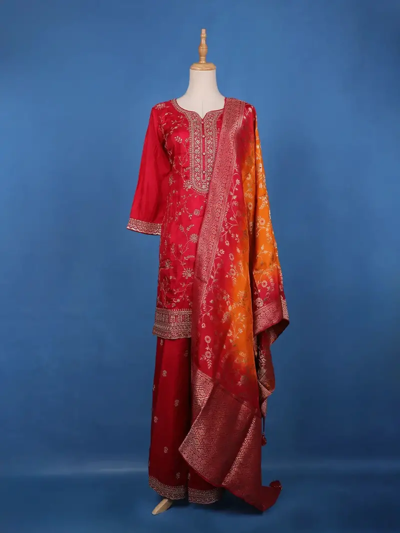 Vermilion Red Floral Designed Semi Silk Palazzo Salwar Suit 1