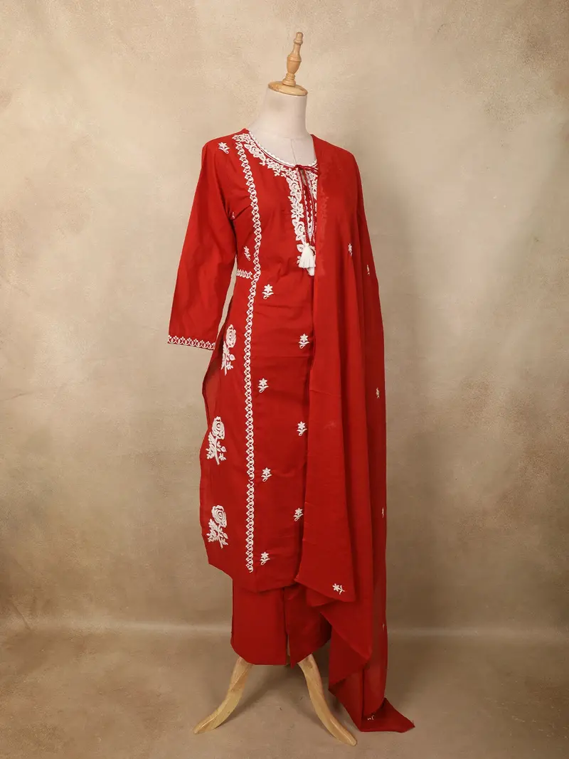 Vermilion Red Floral Thread Embroidered Design Cotton Straight Cut Salwar Suit With Dupatta 4