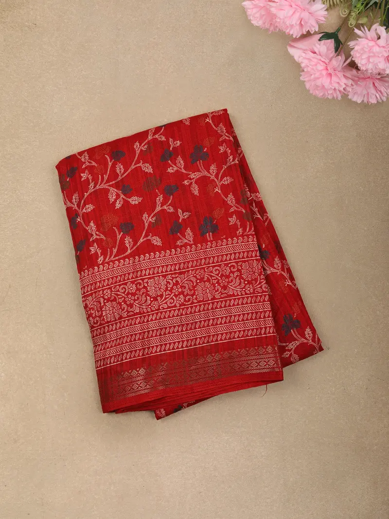 Vermilion Red Floral Vine Printed Design Mixed Cotton Casual Wear Saree 1