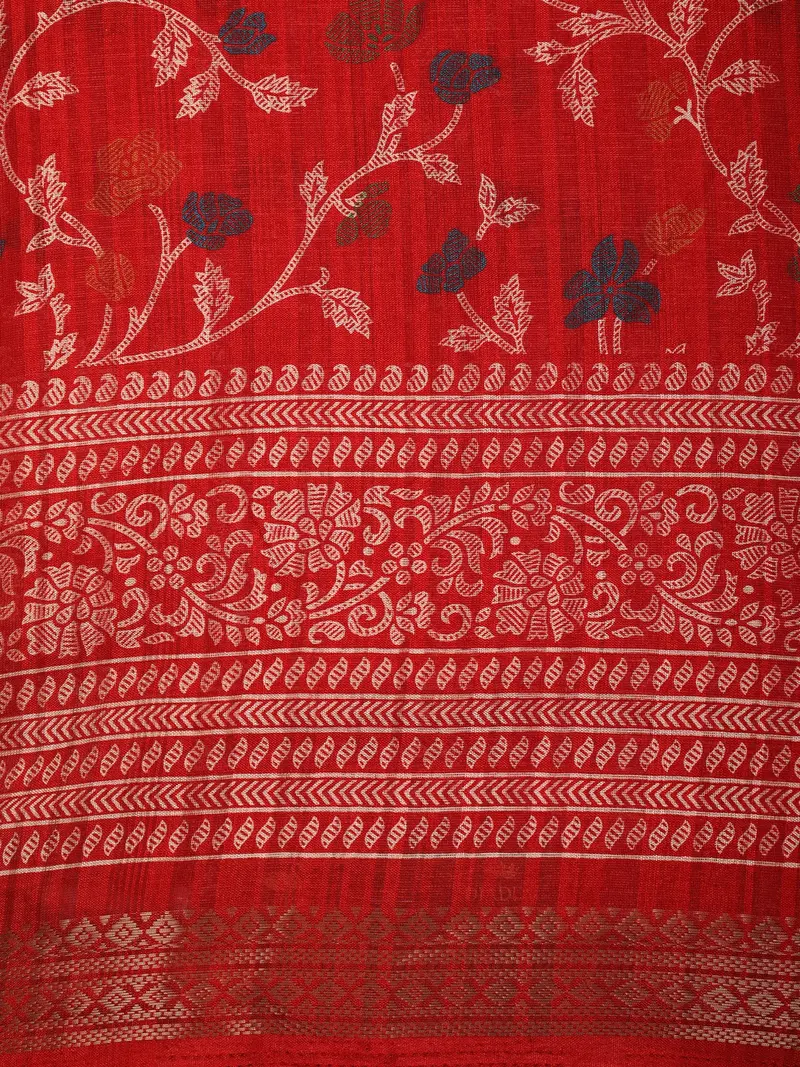 Vermilion Red Floral Vine Printed Design Mixed Cotton Casual Wear Saree 2