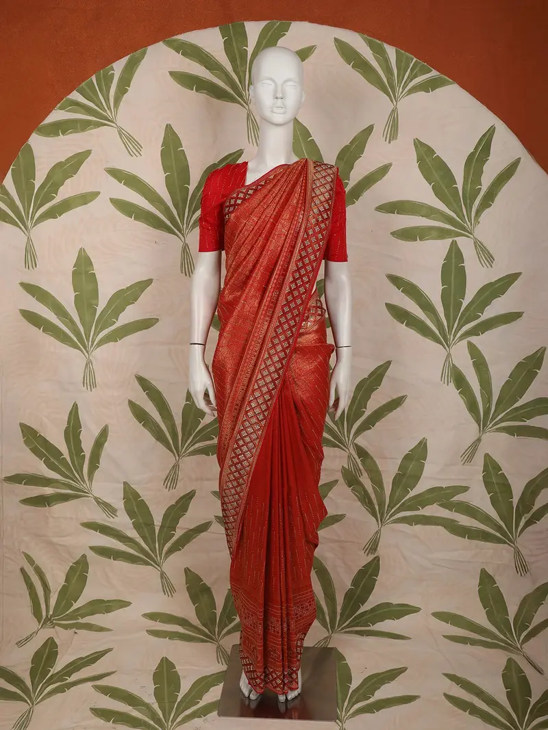 Vermilion Red Floral Zari Woven And Stone Embellished Design Pure Banarasi Silk Fancy Saree With Designer Border 1