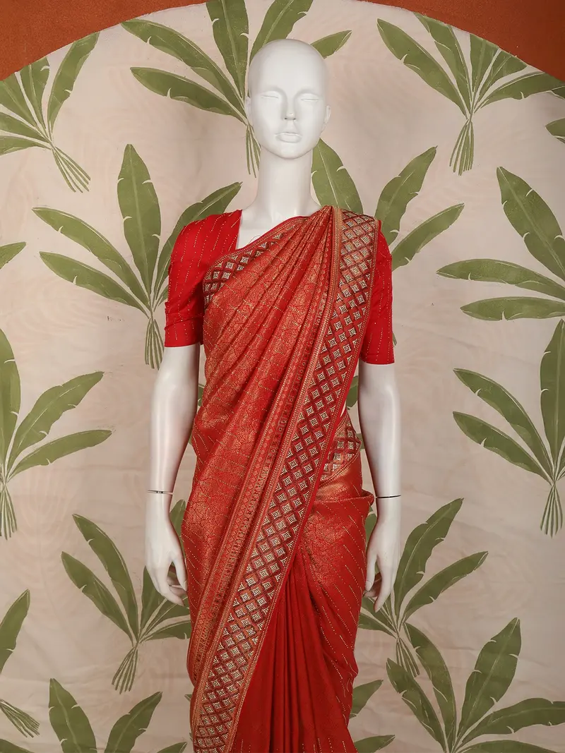 Vermilion Red Floral Zari Woven And Stone Embellished Design Pure Banarasi Silk Fancy Saree With Designer Border 2