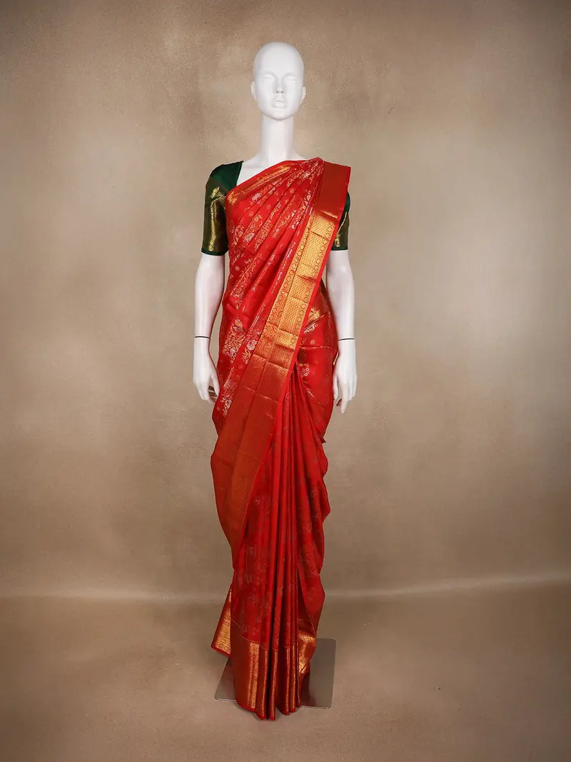 Vermilion Red Floral Zari Woven Design Pure Kanchipuram Silk Saree With Gold Zari Border 1