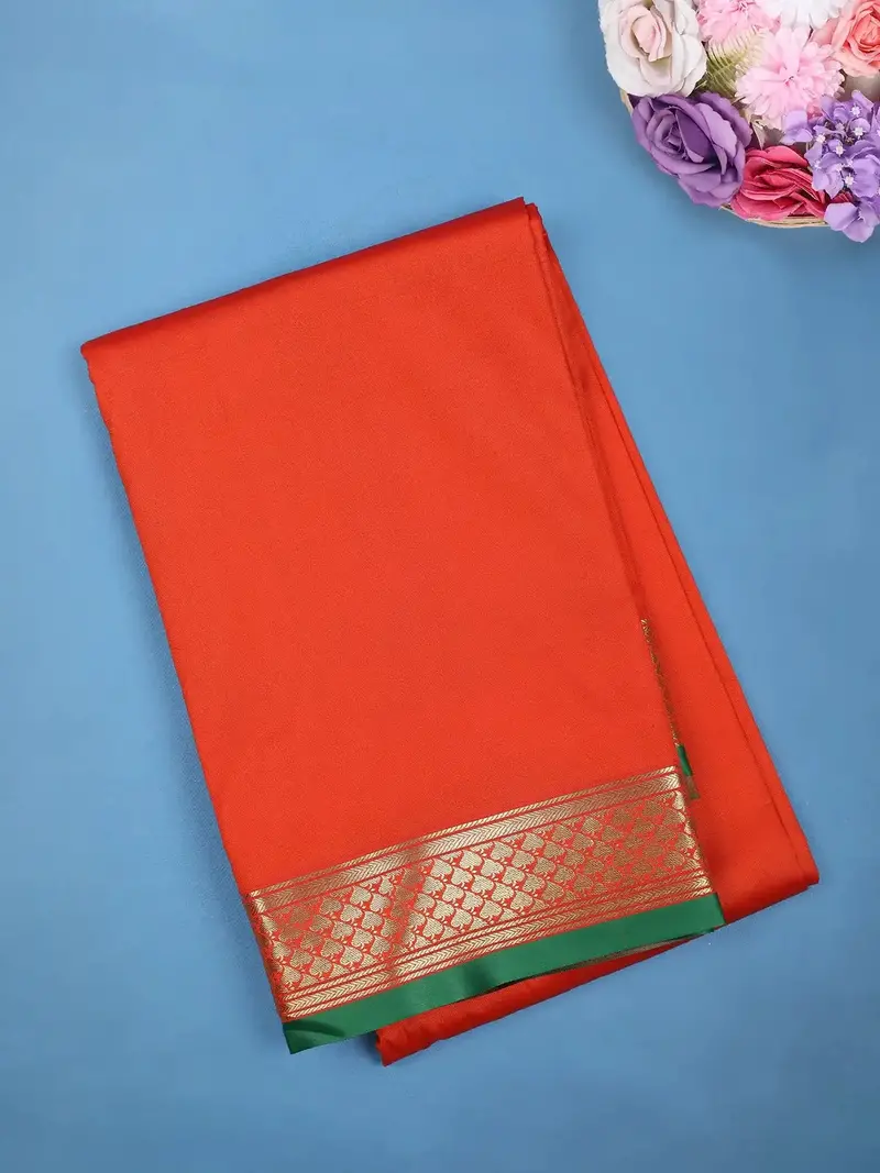 Vermilion Red Gold Zari Floral Butta Border With Green Selvedge Edge Soft Silk Saree 1