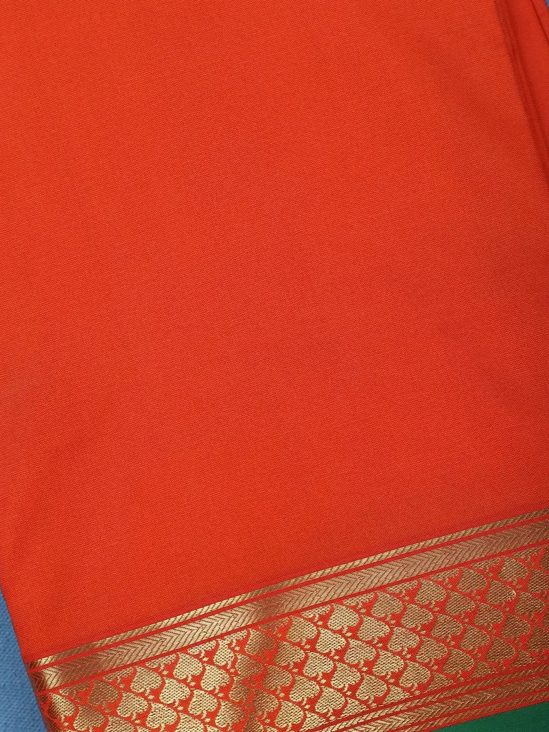 Vermilion Red Gold Zari Floral Butta Border With Green Selvedge Edge Soft Silk Saree 2