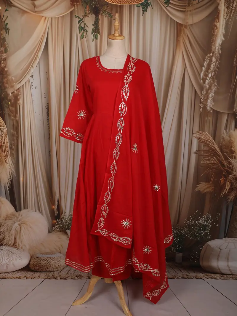 Vermilion Red Mirror Embroidered Design Cotton Anarkali Salwar Suit With Dupatta 1