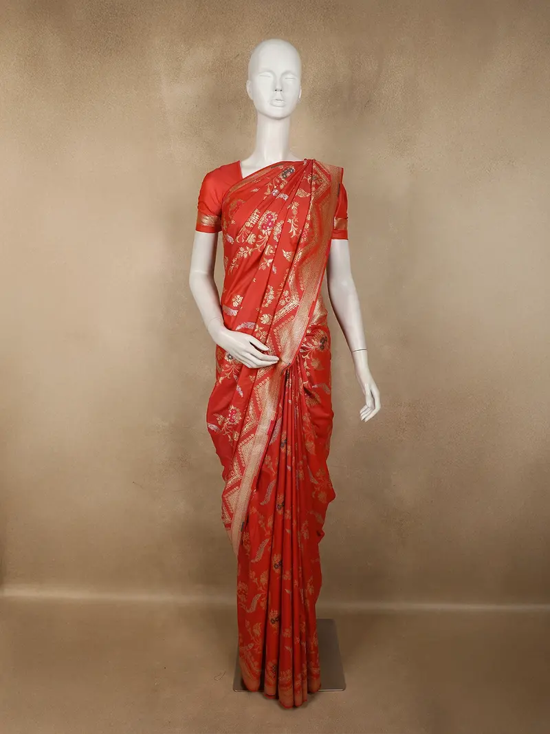 Vermillion Red Floral Zari Woven Design Pure Banarasi Silk Saree With Designer Border 1