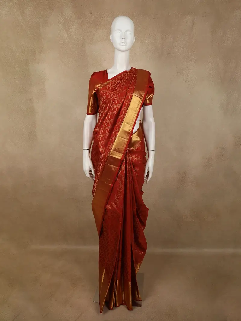 Vermillion Red Floral Zari Woven Design Pure Kanchipuram Silk Saree With Zari Border 1