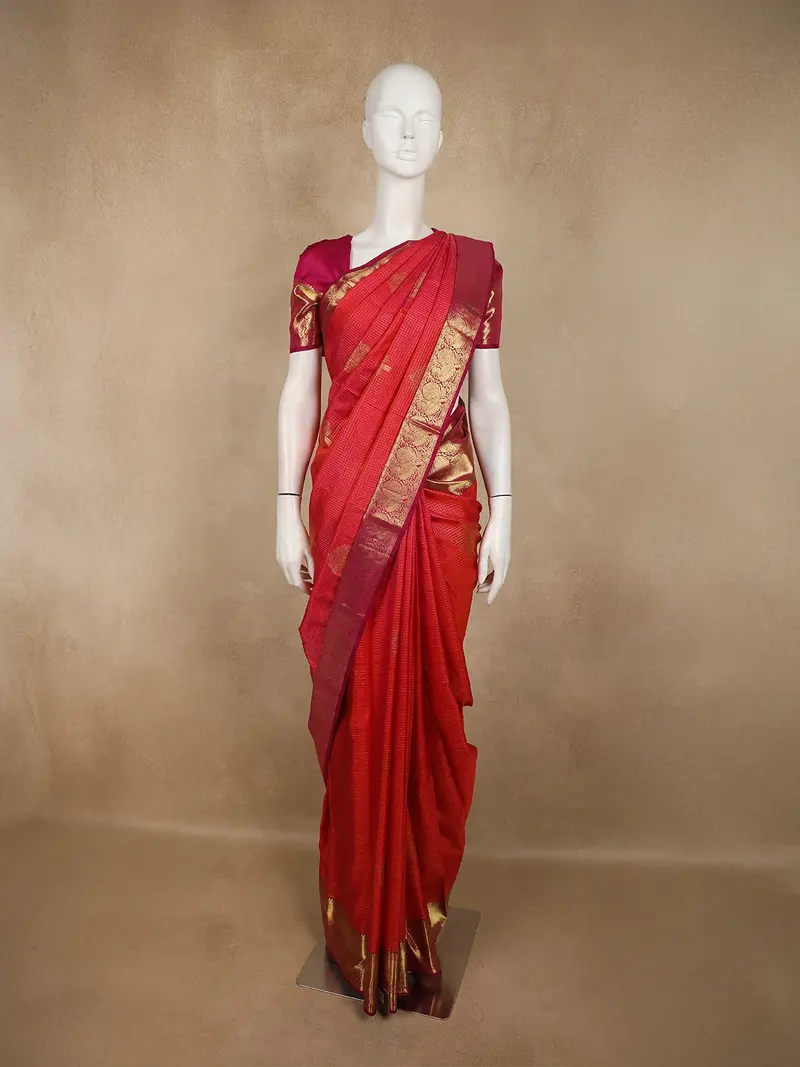 Vermillion Red Mini Checked  Zari Woven Design Pure Kanchipuram Silk Saree With Contrast Zari Border 1