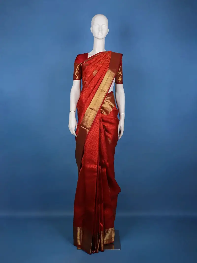 Vermillion Red Woven Checks Pattern Zari Border Silk Saree 1