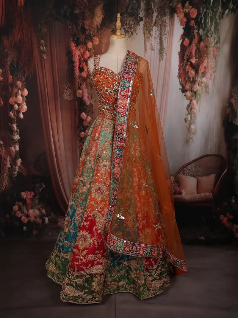 Vibrant Burnt Orange Floral And Birds Motif Sequins Embroidered Design Banarasi Silk Lehenga With Dupatta 1
