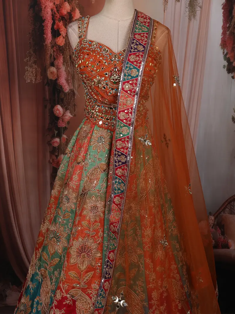 Vibrant Burnt Orange Floral And Birds Motif Sequins Embroidered Design Banarasi Silk Lehenga With Dupatta 2