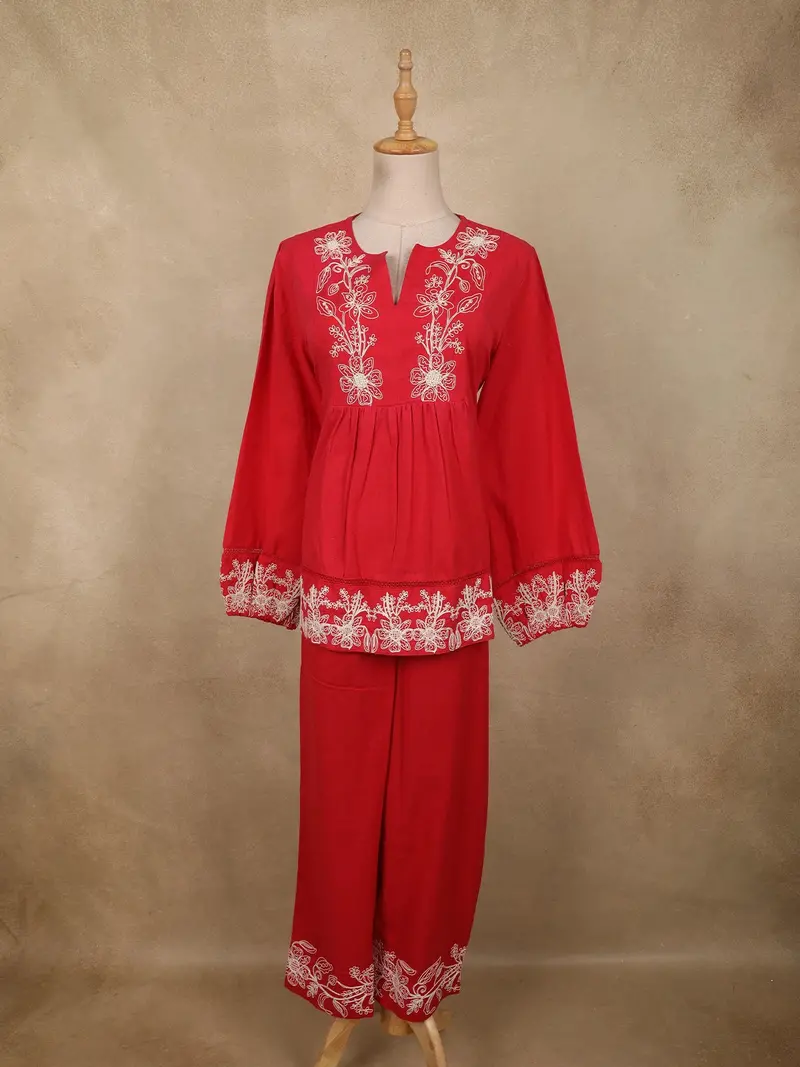 Vibrant Cherry Red Floral Thread Embroidered Design Cotton Co-Ord Set 1