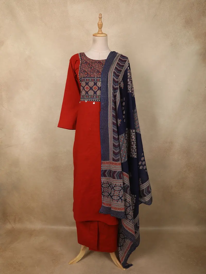 Vibrant Crimson Red Ajrakh Printed Design Cotton Palazzo Suit With Dupatta 1