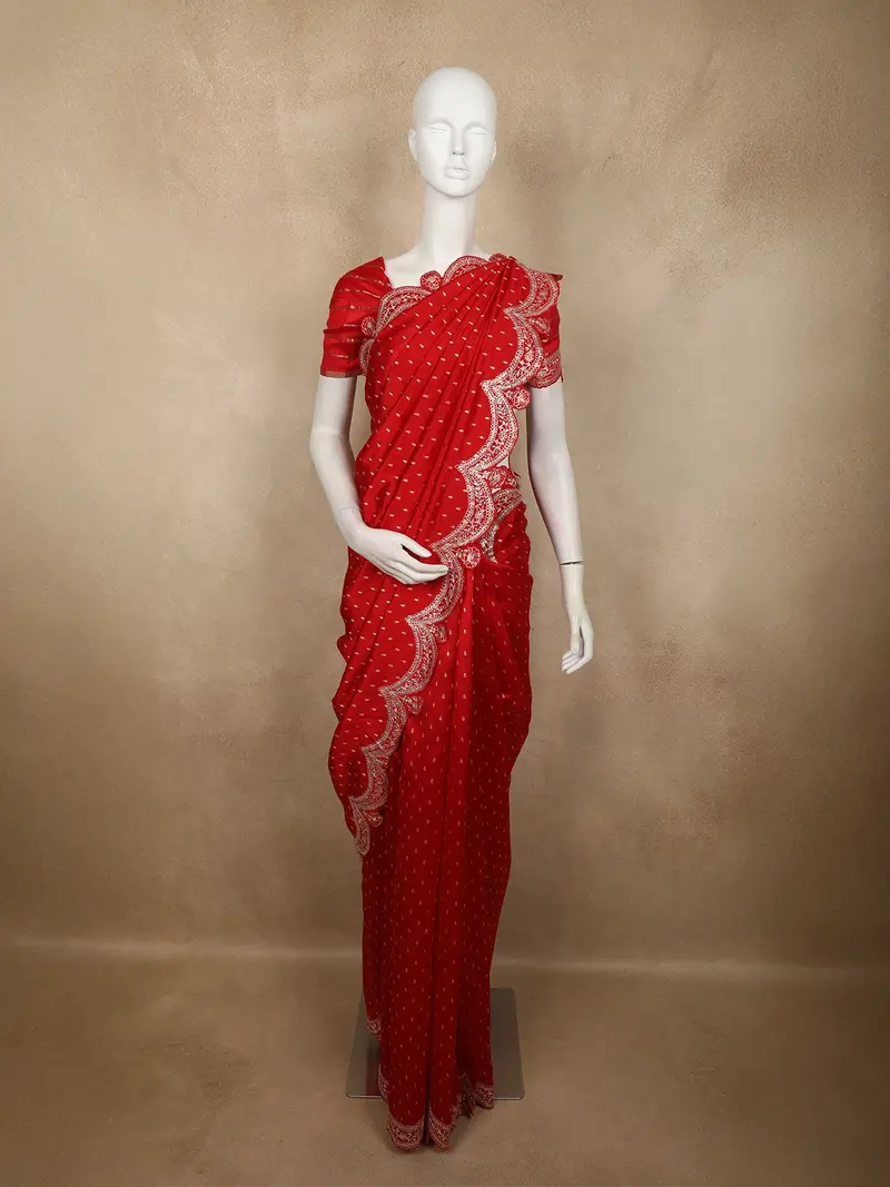 Vibrant Crimson Red Butta Zari Woven Design Pure Banarasi Saree Wit Scalloped Border 1