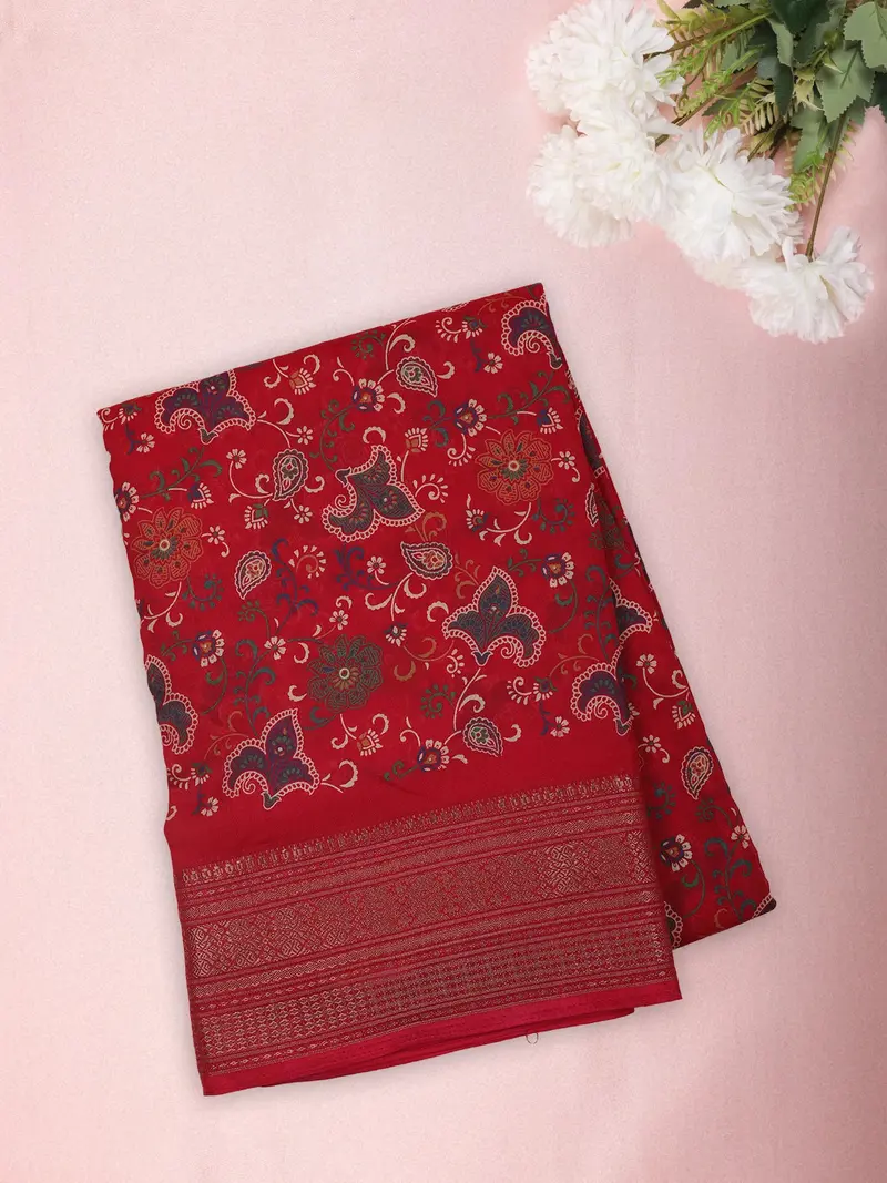 Vibrant Crimson Red Floral Printed Design Mixed Cotton Saree With Ornamental Zari Woven Border 1