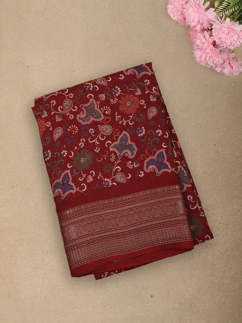 Vibrant Crimson Red Floral Printed Design Mixed Cotton Saree With Ornamental Zari Woven Border 1