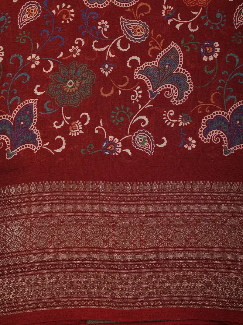 Vibrant Crimson Red Floral Printed Design Mixed Cotton Saree With Ornamental Zari Woven Border 2