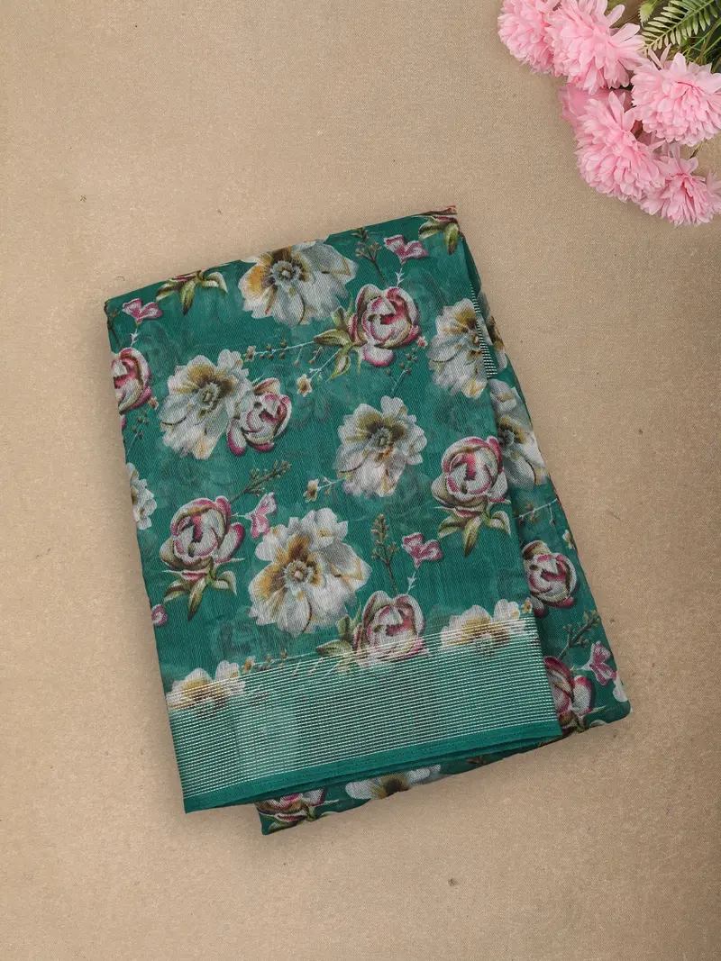Vibrant Emerald Teal Green Floral Printed Design Linen Cotton Saree 1