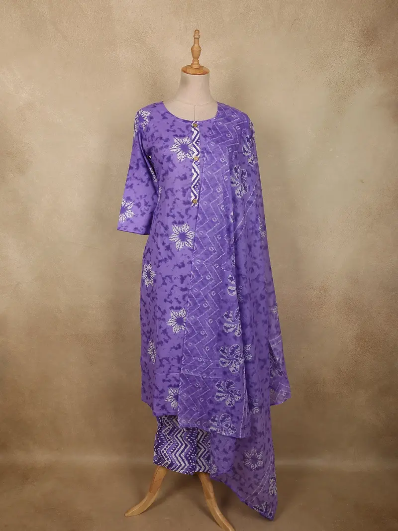 Vibrant Lavender Purple Bandhani Printed Design Cotton Straight Cut Salwar Suit 1