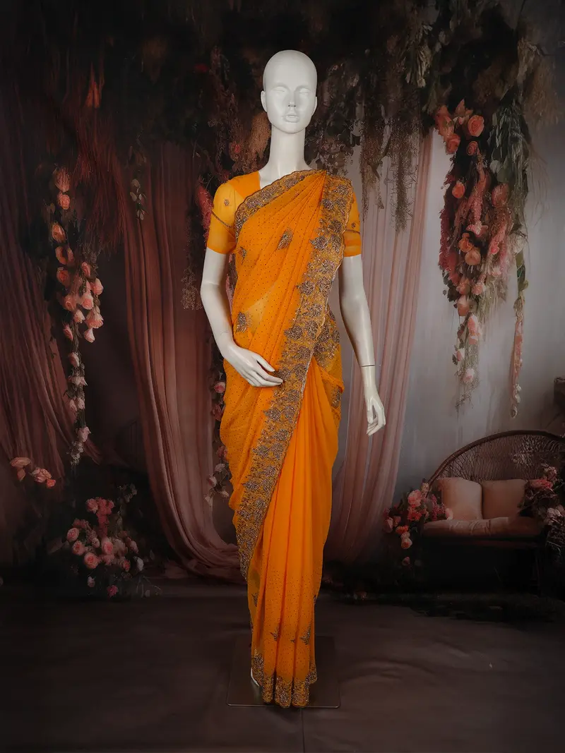 Vibrant Marigold Orange Floral Zari Embroidered And Stone Embellished Design Georgette Designer Saree 1