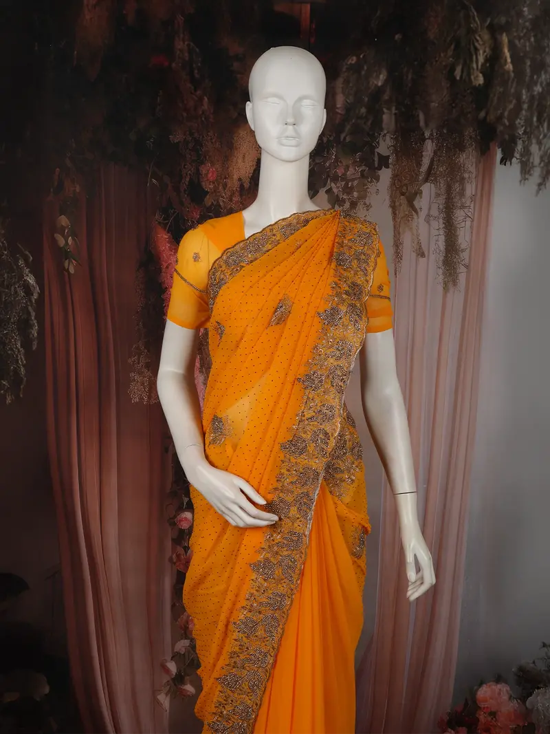 Vibrant Marigold Orange Floral Zari Embroidered And Stone Embellished Design Georgette Designer Saree 2