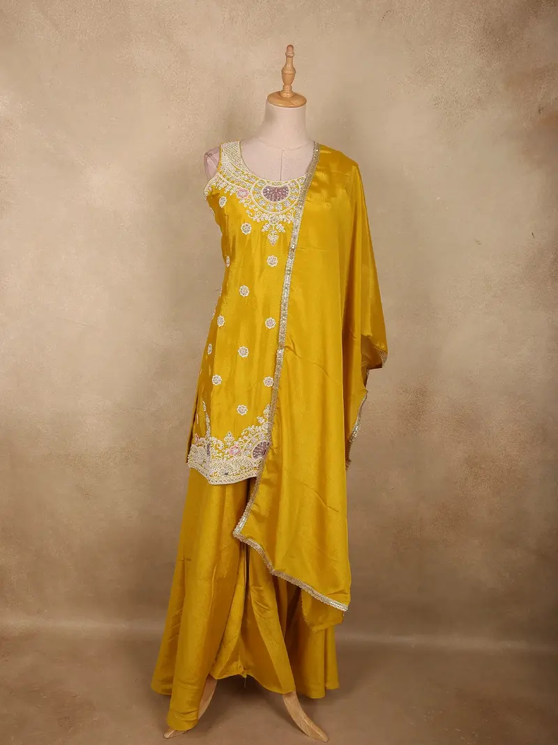 Vibrant Marigold Yellow Floral Sequins And Beads Embroidered Design Georgette Palazzo Suit With Dupatta 1
