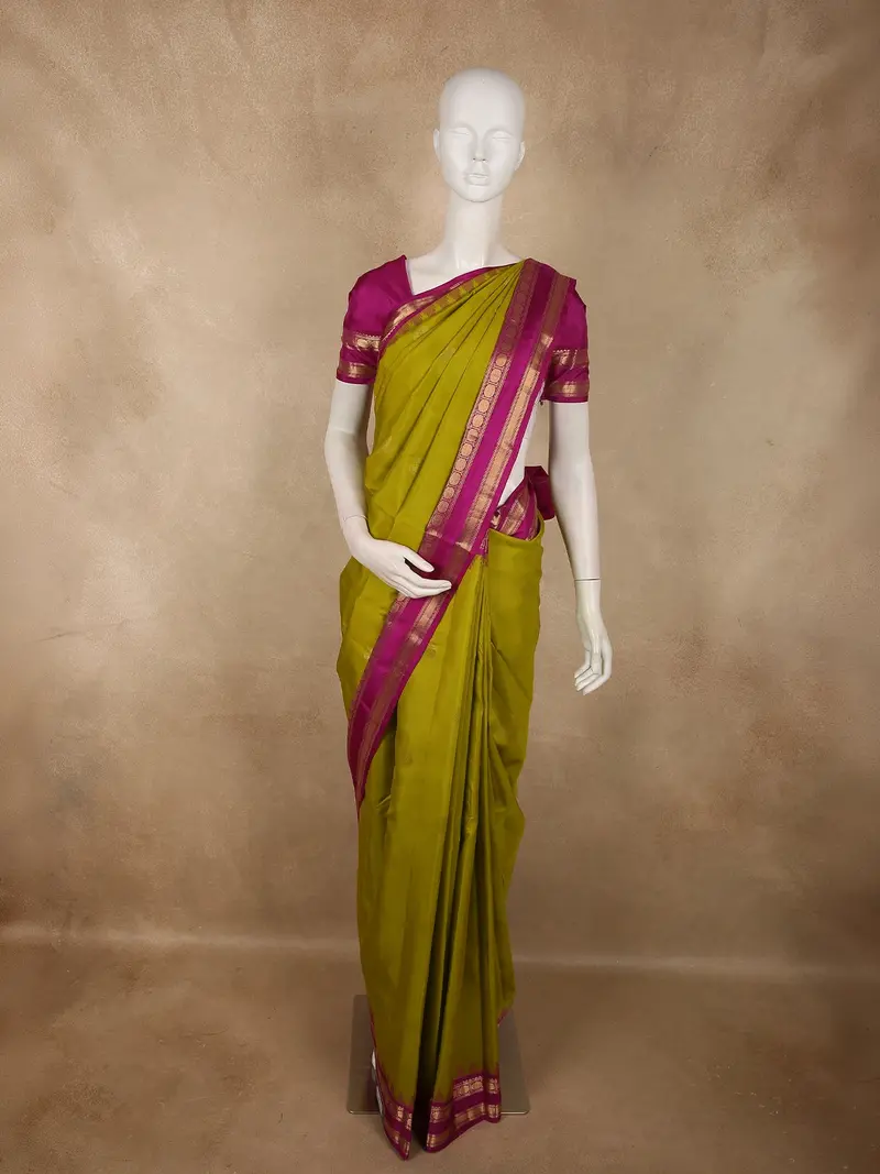 Vibrant Mustard Green Butta Zari Woven Design Pure Kanchipuram Silk Saree With Contrast Zari Border 1
