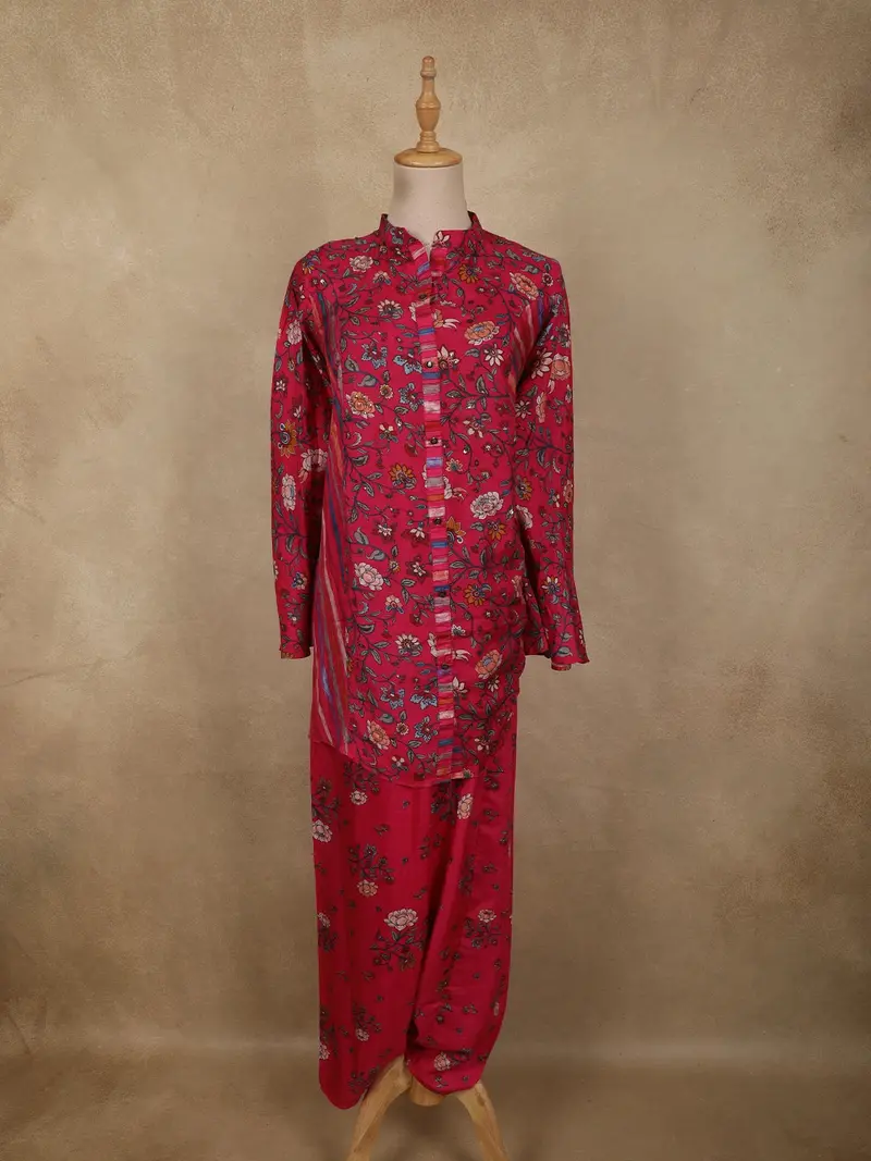 Vibrant Rani Pink Floral Printed Design Crepe Co Ord Salwar Suit 1