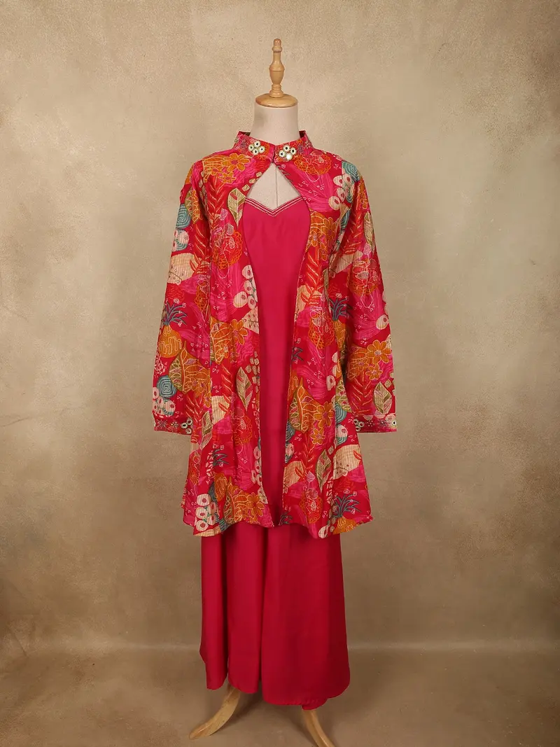 Vibrant Rani Pink Floral Printed Design Tussar Silk Plazzo Suit With Jacket 1