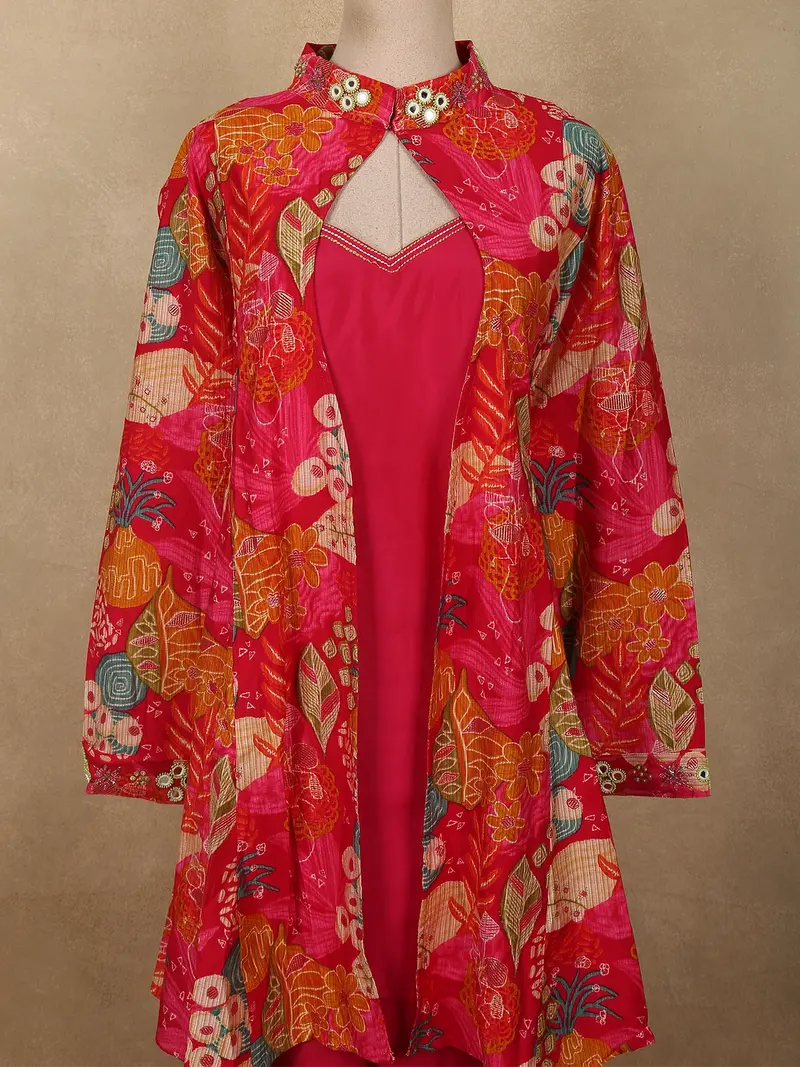 Vibrant Rani Pink Floral Printed Design Tussar Silk Plazzo Suit With Jacket 2