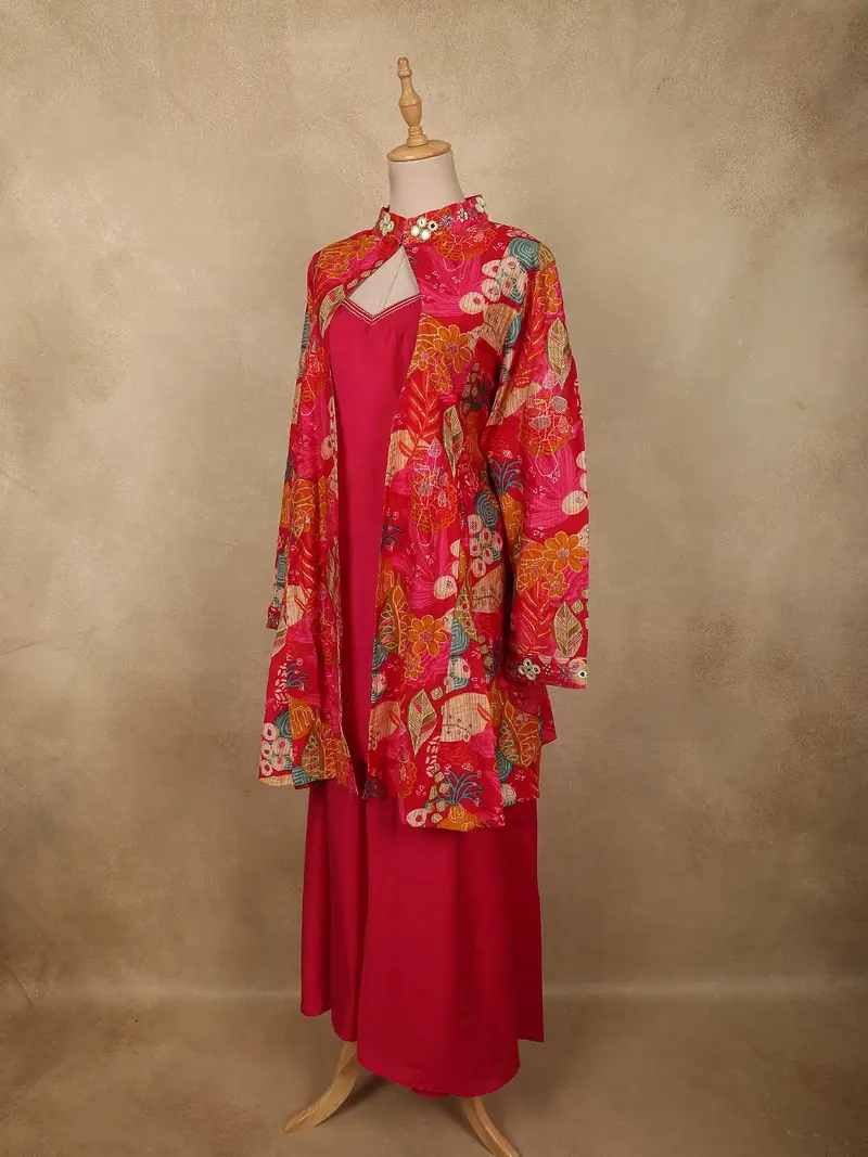 Vibrant Rani Pink Floral Printed Design Tussar Silk Plazzo Suit With Jacket 3