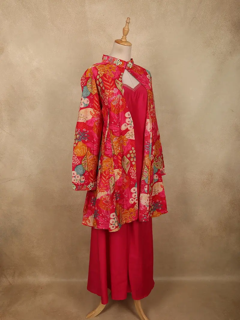 Vibrant Rani Pink Floral Printed Design Tussar Silk Plazzo Suit With Jacket 4