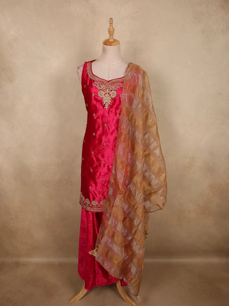 Vibrant Rani Pink Floral Zari Embroidered Design Velvet Palazzo Suit With Contrast Dupatta 1