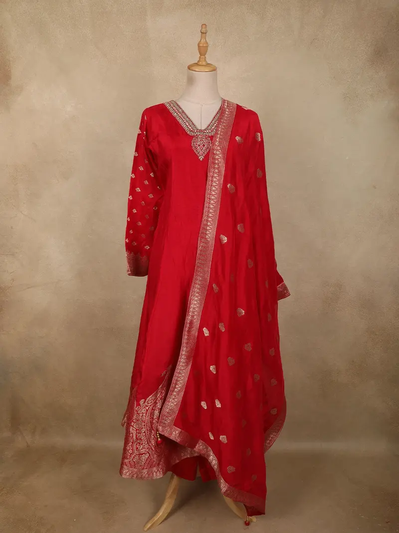 Vibrant Rani Pink Floral Zari Woven Design Semi Silk Anarkali Salwar Suit With Dupatta 1