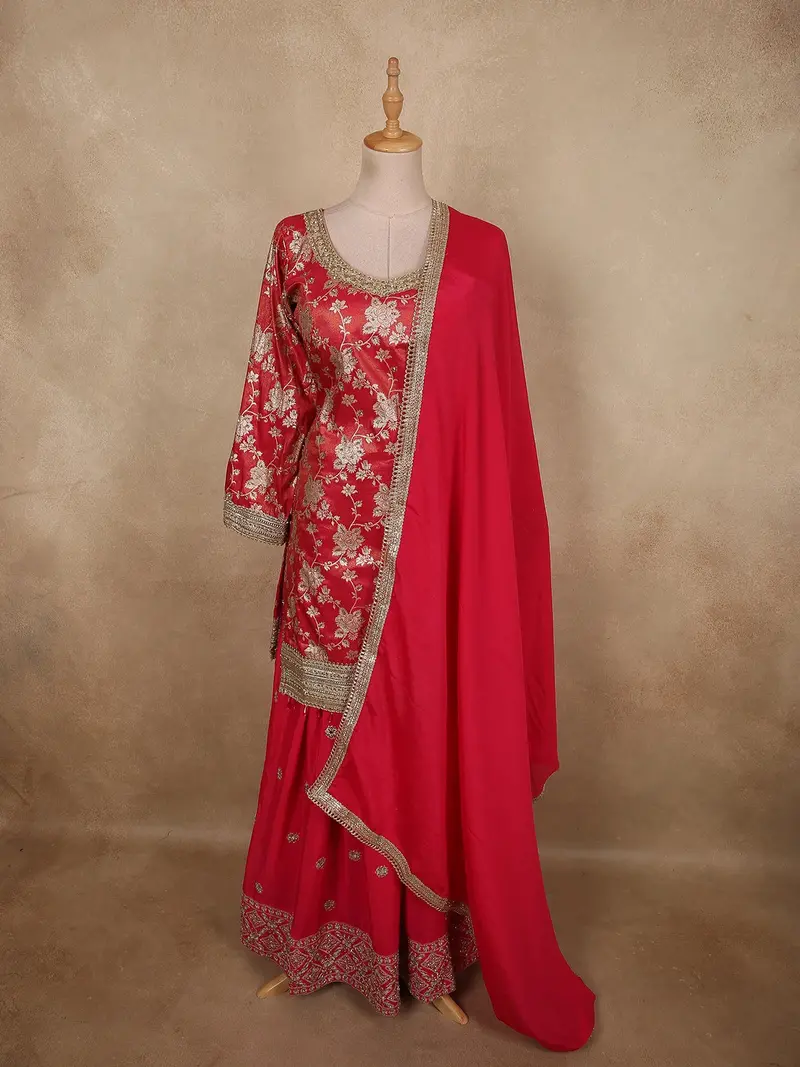 Vibrant Rani Pink Floral Zari Woven Design Tissue Banarasi Silk Lehenga Wit Dupatta 1