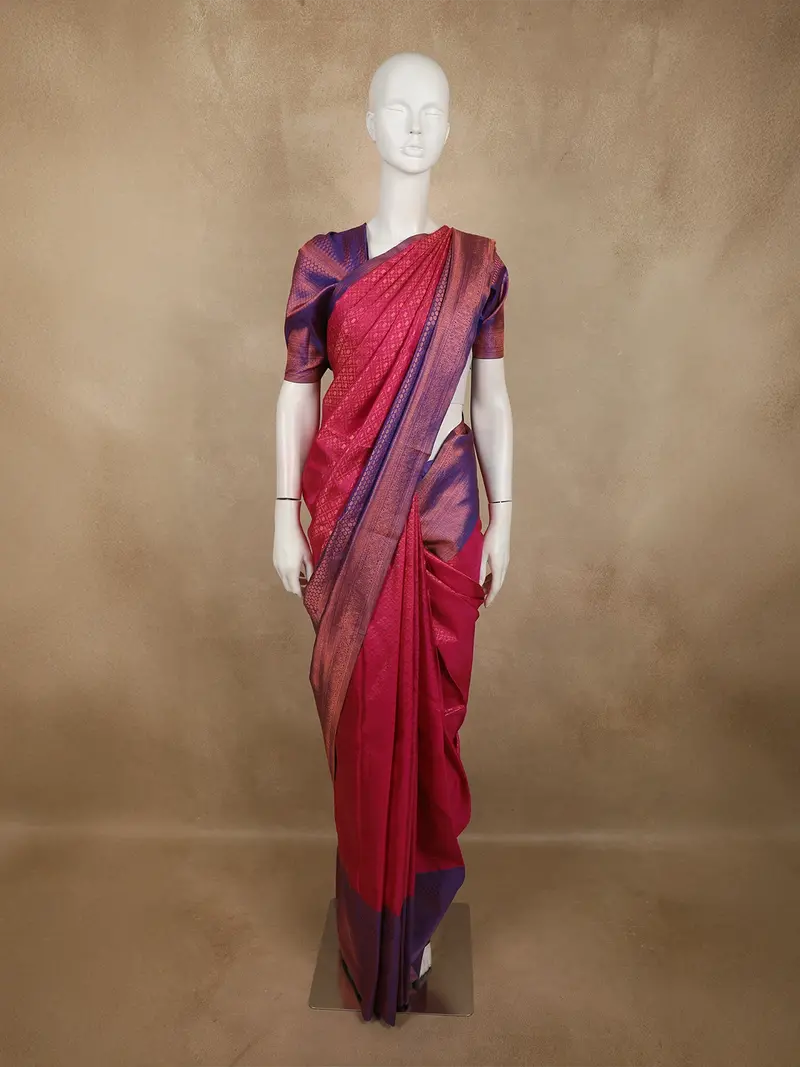 Vibrant Rani Pink Geometric Zari Woven Design Pure Kanchipuram Silk Saree With Contrast Zari Border 1