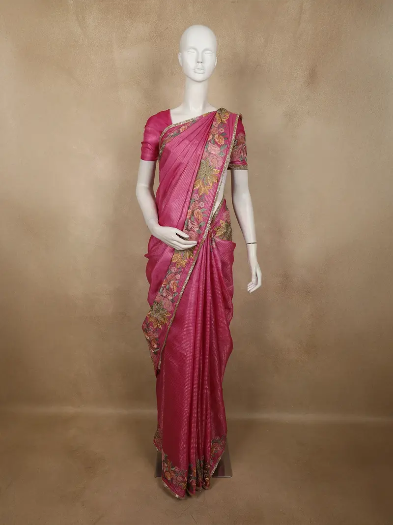 Vibrant Rani Pink Striped Woven Design Pure Tussar Saree With Floral Border 1