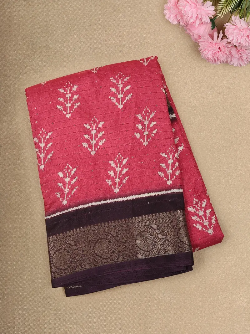 Vibrant Raspberry Pink Ikat Printed Design Mixed Cotton Saree With Contrast Zari Border 1