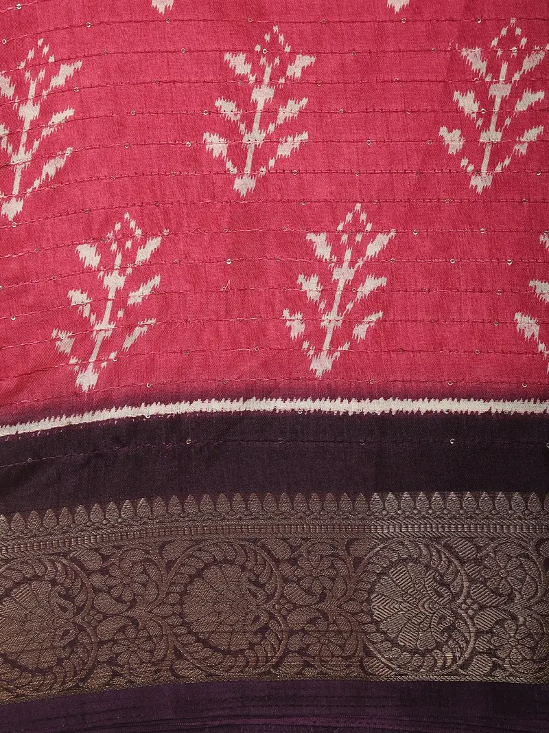 Vibrant Raspberry Pink Ikat Printed Design Mixed Cotton Saree With Contrast Zari Border 2
